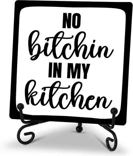 Letrero rústico con texto en inglés "No Bitchin' in My Kitchen" para decoración de cocina, color blanco y negro, letrero decorativo de madera para