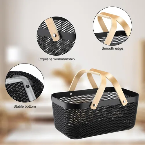 Miniatura 4 de Sadnyy 4 cestas de almacenamiento de malla de plástico para cosecha de jardín con mango de madera, contenedor de malla multifuncional para gabinete