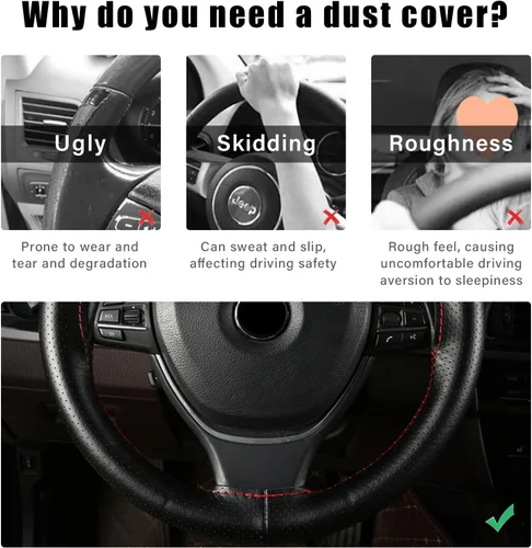 Miniatura 5 de Augeny Funda de Cuero Genuino para Volante, Protector de Volante de Coche Transpirable Antideslizante que se Cose para Diámetro Máximo de 15 Café