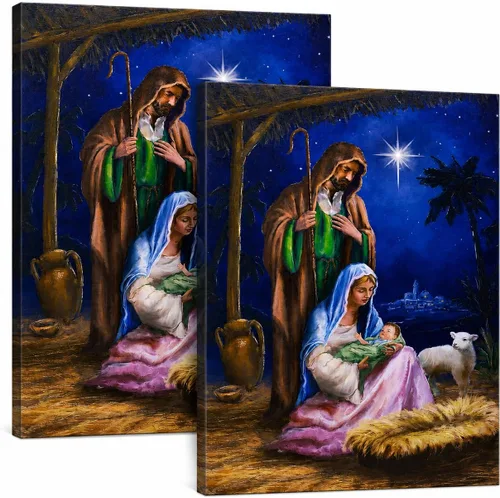 Miniatura 10 de BANBERRY DESIGNS Nativity - Lienzo decorativo para pared, cuadro LED de la Sagrada Familia con María José y el Niño Jesús, escena de establo
