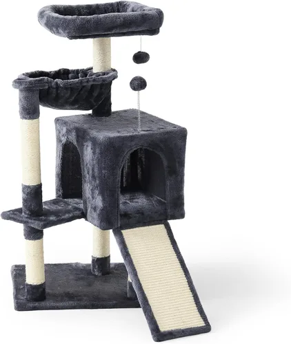 Torre de árbol para gatos de 37 pulgadas con condominio para gatos de varios niveles, postes rascadores, cueva para gatos de 2 puertas, gris
