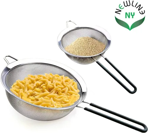 Miniatura 6 de Coladores de malla fina de acero inoxidable doble de alta calidad con mango recubierto de silicona antideslizante suave al tacto, juego de 2 piezas