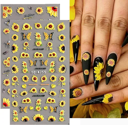 Miniatura 2 de 4 hojas de calcomanías de girasoles para uñas, calcomanías 5D en relieve de flores de sol de verano, calcomanías de uñas grabadas con flores