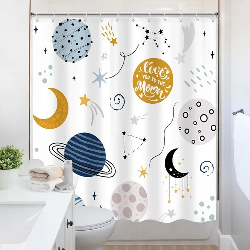 Miniatura 8 de Cortina de ducha para niños, diseño de planeta de dibujos animados, universo lindo, galaxia, espacio, luna, juego de baño para niños, estampado de A