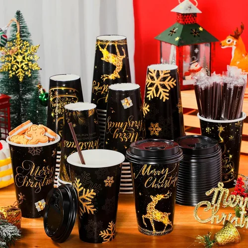 Miniatura 5 de Uiifan Paquete de 50 Tazas de Café Navideñas de 16 oz a Granel Negras Doradas con Copos de Nieve Tazas Desechables Tazas de Papel Feliz Navidad