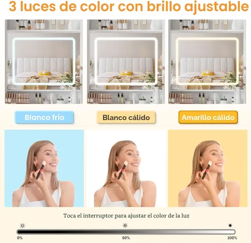 Miniatura 4 de Vabches Escritorio de tocador de maquillaje con espejo y luces, juego de mesa de tocador blanca con estación de carga, tocador pequeño para niñas