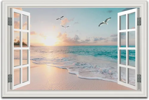 Miniatura 16 de Cuadro de pared de playa tropical para sala de estar, lienzo estilo marco de ventana, decoración de pared, palmera, impresión artística costera