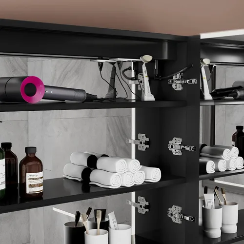 Miniatura 8 de Botiquines empotrados para baño con espejo, solo gabinete de medicina empotrado con desempañador, atenuador, tomas de corriente y USB, tres puertas