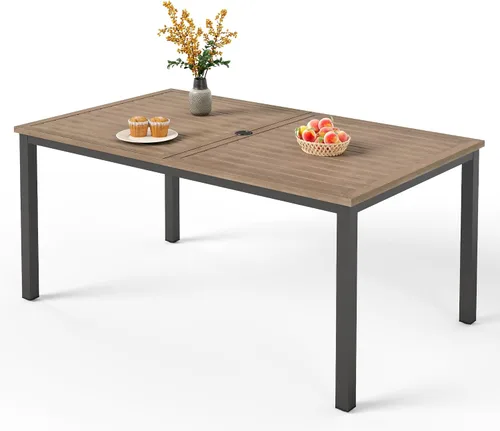Miniatura 11 de PHI VILLA Mesa rectangular de comedor con listones de acero metálico para 6 personas con agujero ajustable para paraguas, resistente a la intemperie
