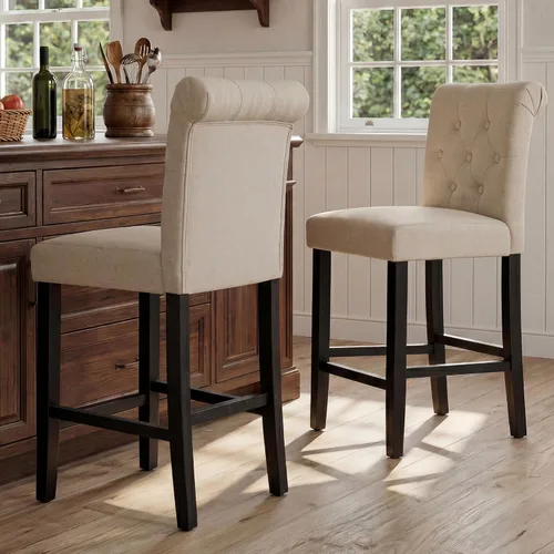 GOTMINSI Taburetes de tela beige de 24 pulgadas, juego de 2 sillas tapizadas de altura de mostrador con decoración copetuda de estilo ocio,