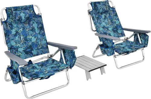 Miniatura 26 de Goplus Silla de playa, mochila plegable para adultos, sillas de playa con posiciones ajustables, almohada para la cabeza, bolsa refrigeradora