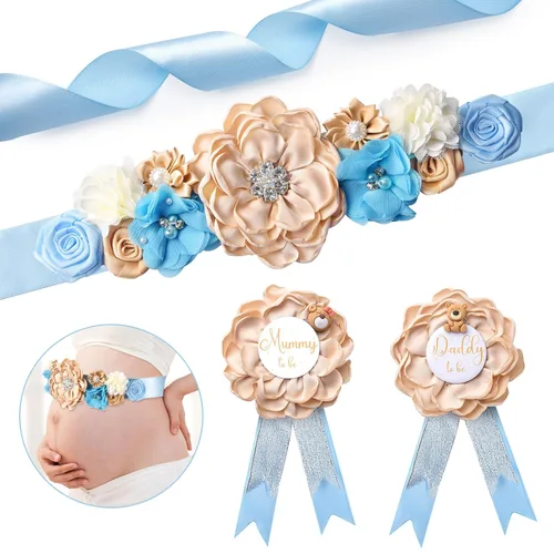 Miniatura 8 de Faja de maternidad floral para mamá, papá para ser ramillete, juego de alfileres de oso de peluche azul, banda para baby shower, cinturón de vientre