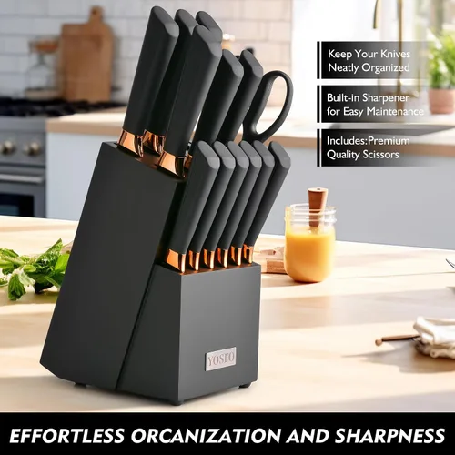 Miniatura 3 de Juego de cuchillos de cocina, 15 piezas con bloque y afilador, acero inoxidable de alto carbono ultra afilado, apto para lavavajillas