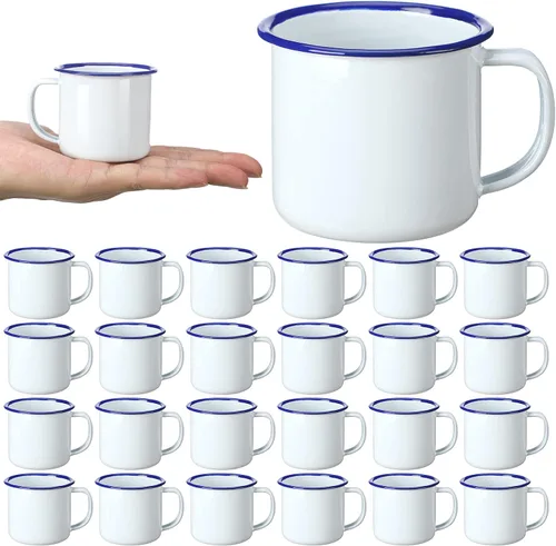 Miniatura 9 de Yinder Mini tazas de café esmaltadas para camping, de metal, pequeñas, clásicas, portátiles, blancas, tazas vintage a granel con asa para café, té