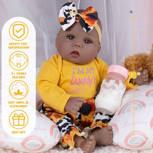Miniatura 4 de Milidool Muñecas de bebé Reborn negras realistas de 18 pulgadas, muñeca de bebé negra recién nacida con peso real, juego de regalo para niñas a