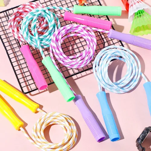 Miniatura 5 de Aoriher Cuerda de saltar para niños, cuerdas de rayas con asas de plástico, 8.2 pies, nailon ajustable, pesado, trenzado, cuerda de saltar
