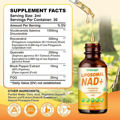Miniatura 4 de Suplemento liposomal NAD – 1500 mg NAD+ gota líquida para mujeres y hombres nicotinamida adenina dinucleótido y complejo de resveratrol – Renovación