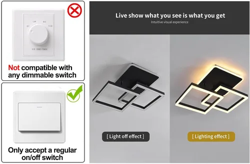 Miniatura 2 de Garwarm Lámpara de Techo LED Moderna, Regulable de 3 Cabezales Cuadrados Accesorio de Lámpara de Techo con Control Remoto, Candelabro de Techo Negro