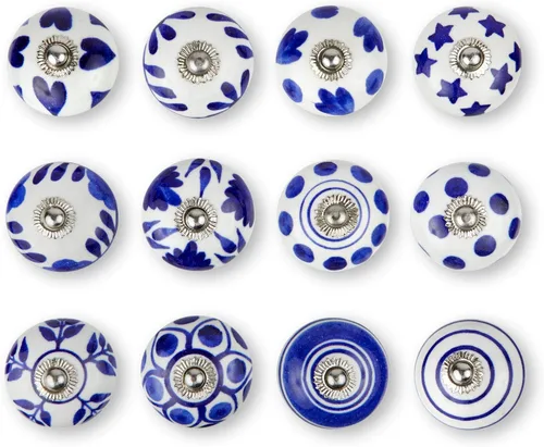 Juego de 12 pomos de cerámica hechos a mano | Perillas de cerámica con diseño de 3 colores | Tiradores de cajón para el hogar, cocina, baño u