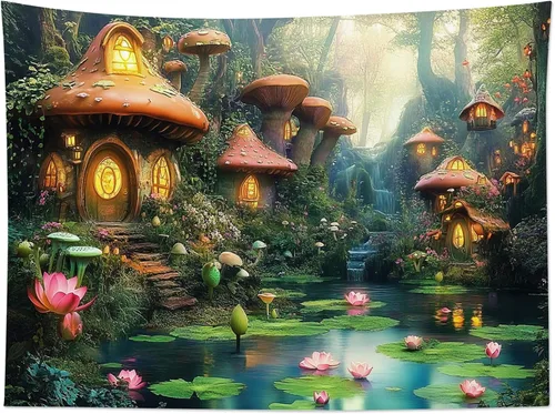 Miniatura 10 de HVEST Tapiz de bosque de cuento de hadas para colgar en la pared, estanque de lirios de agua, árboles mágicos, casas en el país de los sueños, tapiz