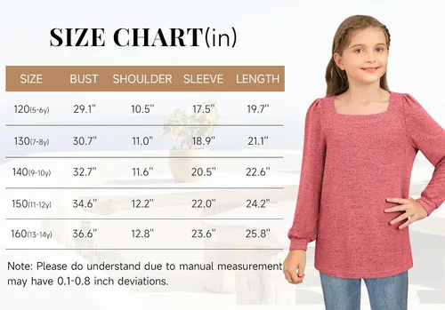 Miniatura 6 de BZB Camisas de manga larga para niñas, estilo casual, cuello cuadrado, túnica para otoño e invierno, ropa de 5 a 14 años