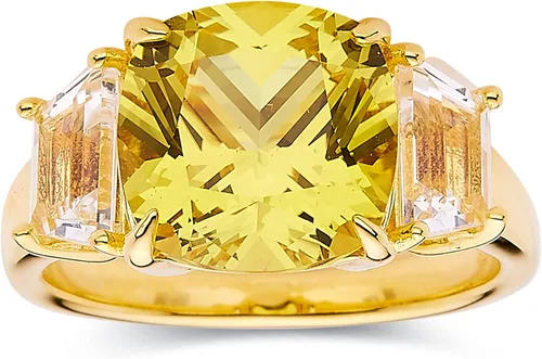 Fine Color Jewels Anillo llamativo de zafiro amarillo canario cultivado en laboratorio en plata chapada en oro amarillo de 18 quilates