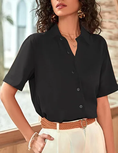 Miniatura 3 de Zeagoo Camisas de vestir de manga corta con botones para mujer, blusas básicas de trabajo con cuello de negocios