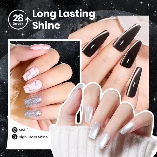 Miniatura 6 de Beetles - Juego de esmaltes de gel blanco y negro, 6 colores plateados, ojo de gato, purpurina brillante con imán, arte de uñas UV LED, hogar, salón