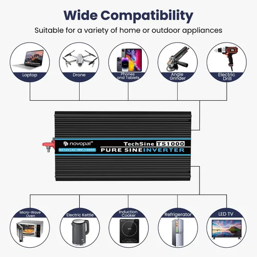 Miniatura 3 de NOVOPAL Inversor de corriente de onda sinusoidal pura de 1000 W, 1000 W, 12 V CC a 110 V 120 V CA, 4 salidas de CA, 1 puerto USB para automóvil, RV