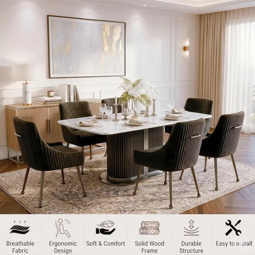 Miniatura 6 de Juego de 2 sillas de comedor de terciopelo, sillas tapizadas beige para sala de estar con patas de metal negro, sillas decorativas modernas