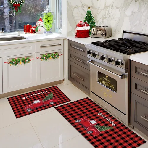 Miniatura 4 de Juego de alfombras y tapetes de cocina de Navidad, tapete de búfalo rojo a cuadros, antideslizante, tapete lavable para interiores