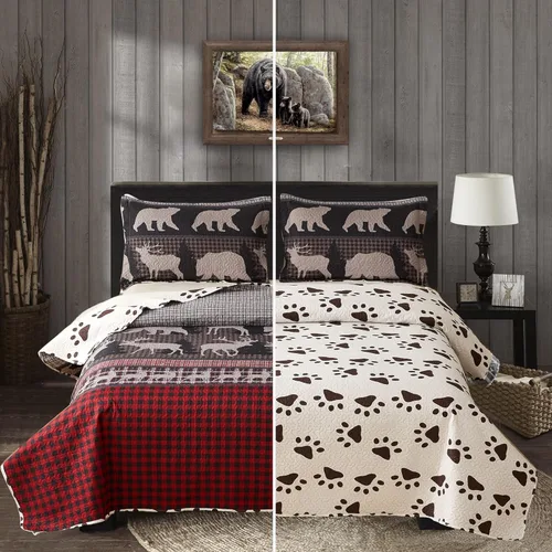Miniatura 9 de Juego de ropa de cama rústico de tamaño individual, colcha con diseño de cabaña y lodge, edredón de estilo country, colcha a cuadros de búfalo