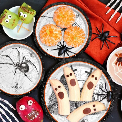 Miniatura 7 de Suministros de fiesta de Halloween con telas de araña: con temas de calavera y araña, platos de papel de tela malvada todo incluido, servilletas