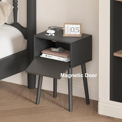 Miniatura 4 de LAATOOREE Juego de 2 mesitas de noche, mesa auxiliar de cama pequeña con puerta de arco, mesa auxiliar de mediados de siglo con patas de madera