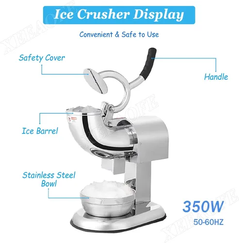 Miniatura 6 de Máquina de afeitar de hielo, máquina de cono de nieve, 220 libras por hora, 350 W, máquina de hielo afeitado de acero inoxidable, 2 cuchillas