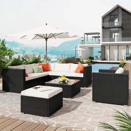 Miniatura 10 de Quarte Juego de muebles de patio de 4 piezas, sofá modular de mimbre de ratán PE para exteriores con acolchado y almohada, para porche, césped, Gris