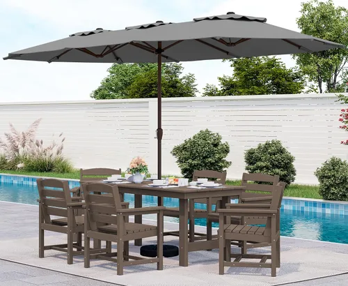 Miniatura 46 de SERWALL Juego de Mesa de Comedor de HDPE para Exteriores, Juego de 7 Piezas de Mesa de Comedor al Aire Libre con Mesa con Corte para Agujero de Gris
