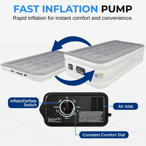 Miniatura 2 de SereneLife Colchón de aire tamaño individual con tecnología ComfortCoil incorporada y bomba interna de alta capacidad Parte superior de colchón