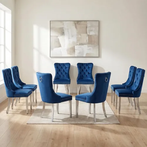 Miniatura 145 de OVENTA Juego de 4 sillas de comedor modernas tapizadas copetudas, terciopelo negro y gris y cuero con patas de madera maciza, sillas de cocina