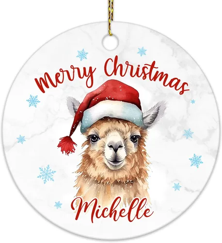 Hyturtle Adorno de Navidad personalizado para amantes de las llamas, adorno de cerámica con nombre personalizado de llama, regalos lindos para