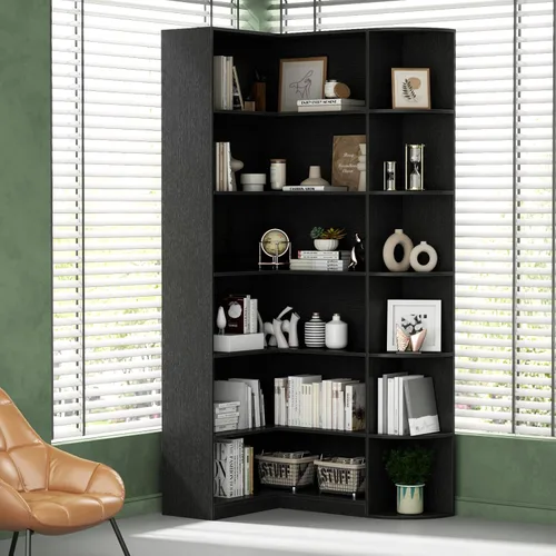 Miniatura 2 de Loomie - Estantería negra de 6 niveles, estantería grande y alta de esquina en forma de L con divisor completo, estanterías industriales modernas