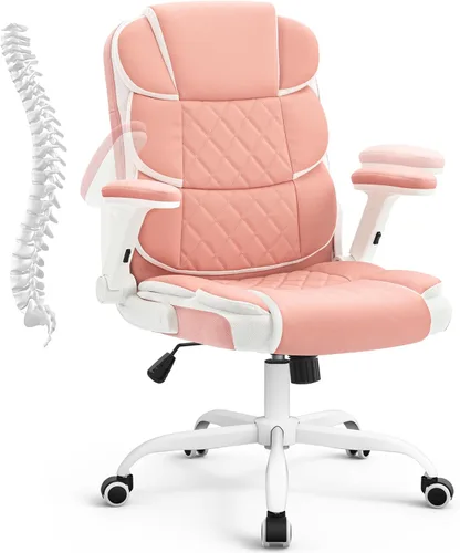 SEATZONE Silla ergonómica de oficina de piel sintética rosa, silla de computadora con ruedas y brazos abatibles, silla giratoria con ruedas para