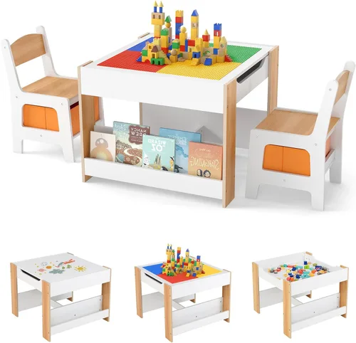 Miniatura 10 de INFANS Juego de mesa y silla para niños 3 en 1, mesa multiactividad de madera con almacenamiento removible en la parte superior, pizarra desmontable