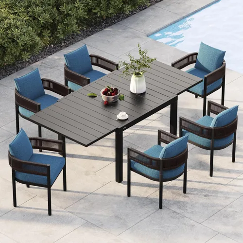 Miniatura 14 de Juego de comedor al aire libre Grand Patio de 5 piezas para 4, sillas de patio fijas de mimbre tejido metálico con cojines engrosados y 1 mesa