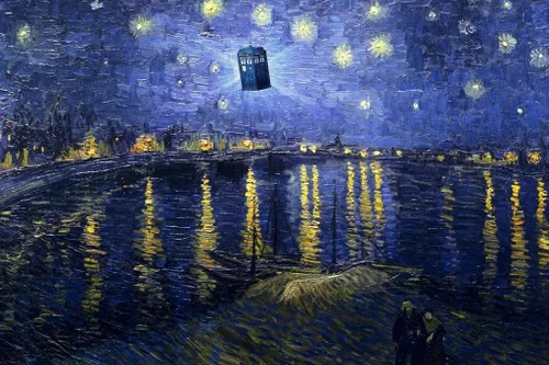 Póster laminado divertido de noche estrellada de Van Gogh, caja de policía voladora sobre el Ródano, póster de humor de borrado en seco, arte de