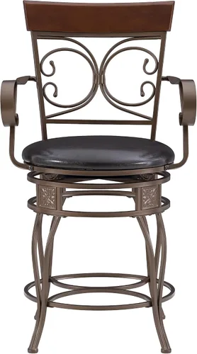 Miniatura 11 de Powell Dayne - Taburete grande y alto de 24 asientos con brazos en metal de bronce oscuro con asiento acolchado de piel sintética marrón oscuro