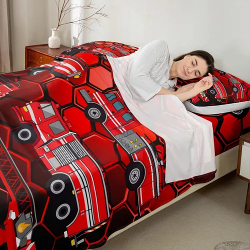 Miniatura 4 de Erosebridal Juego de sábanas y fundas de almohada para niños, diseño de camión de bomberos, color rojo, brillante, para maquinaria, camiones
