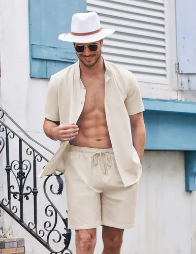 Miniatura 3 de COOFANDY Conjunto de 2 piezas de ropa de playa de lino para hombre