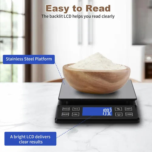 Miniatura 8 de SEMIER Báscula digital de cocina con alta precisión de 0.1 g/0.001 oz, báscula de panadería de alimentos de 5 kg/11 lb con % de función