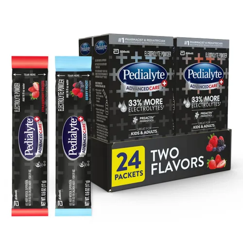 Pedialyte AdvancedCare Plus Electrolyte Powder Strawberry Freeze y Berry Frost con 33% más de electrolitos y tiene PreActiv Prebiotics 0.6 oz